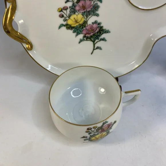 2 Kotobuki Snack Plate Shadow Geisha Tea Cup Eggshell Porcelain Floral Japan 50s